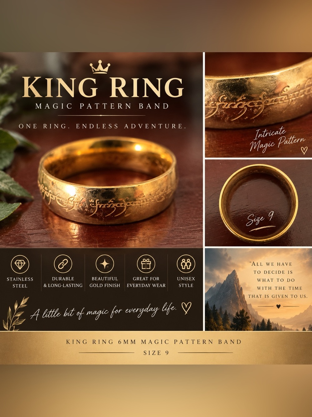King Ring 6mm Gold Magic Pattern Band - Size 9